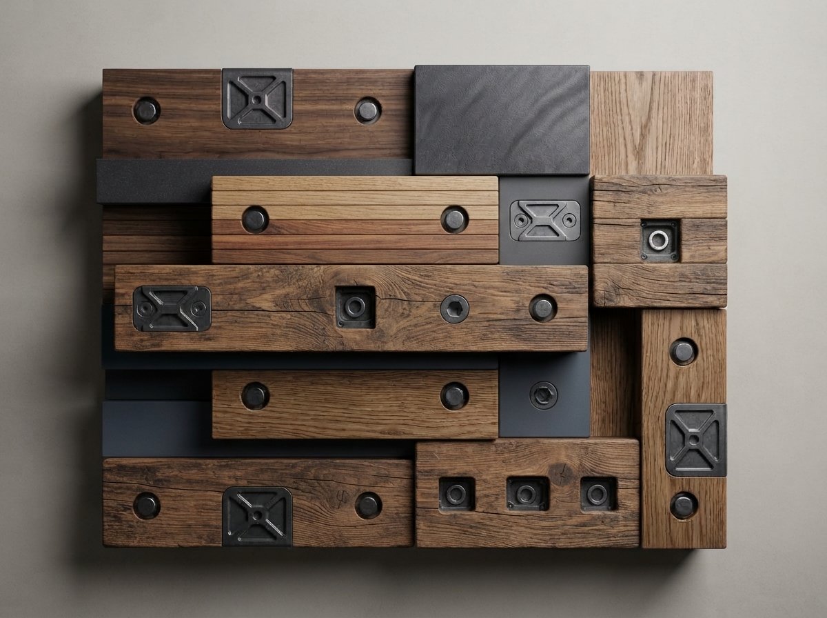 A wall-mounted arrangement of wood block and dark metal panels with bolts, latches and hardware, viewed straight on.