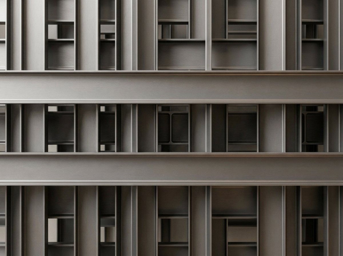 A close-up, straight-on view of a brushed-metal structural facade with repeating vertical beams and horizontal crossbeams.