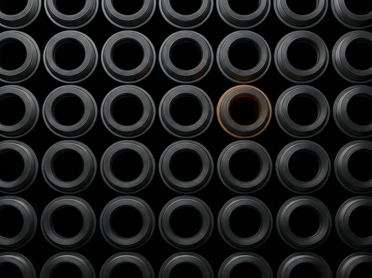 Rows of coiled material viewed from above, one ring highlighted in copper among rows of dark gray.