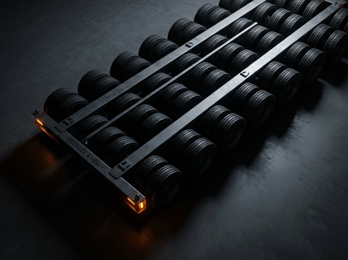 A heavy-duty trailer axle lined with tires, labeled Oversize and Heavy, with amber marker lights glowing.