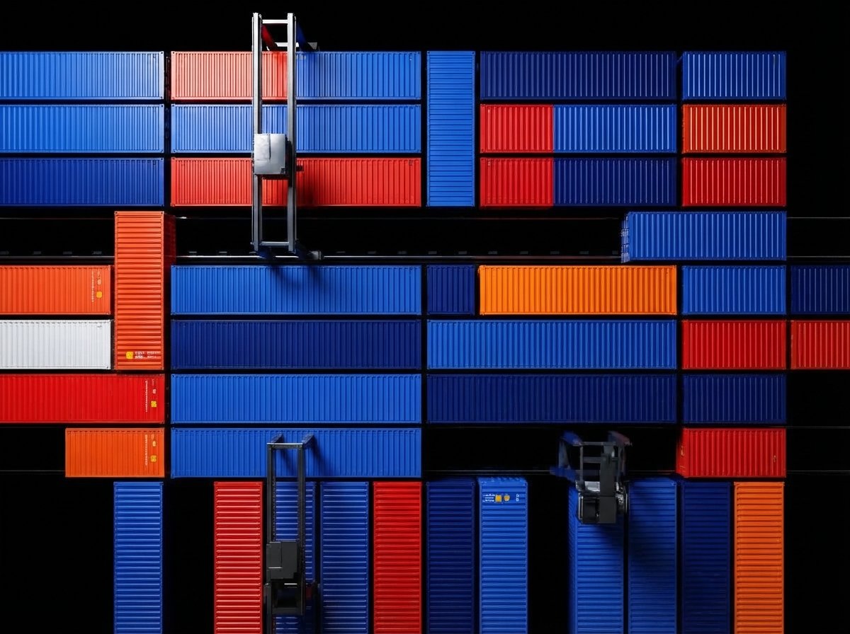 A top-down view of a shipping container yard with blue, red, orange, and white containers stacked in rows, with straddle carriers moving between them.