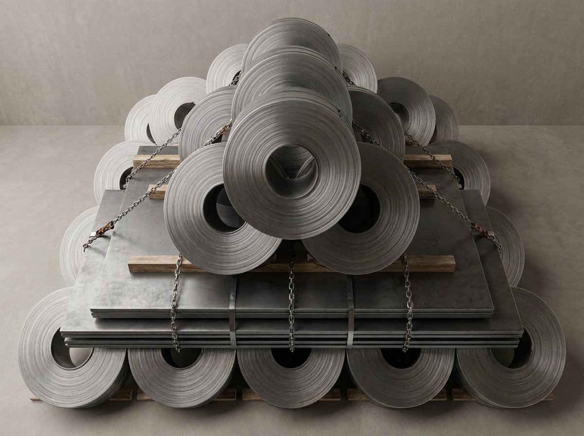 Rolled steel coils stacked in a pyramid over banded steel plates, secured to pallets with chains.